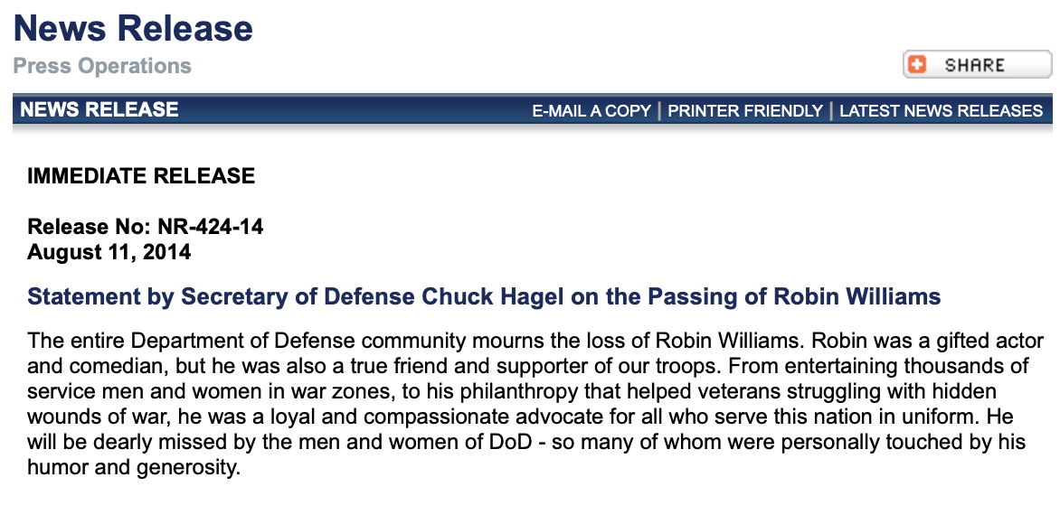 DoD Press Release Robin Williams