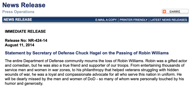 DoD Press Release Robin Williams