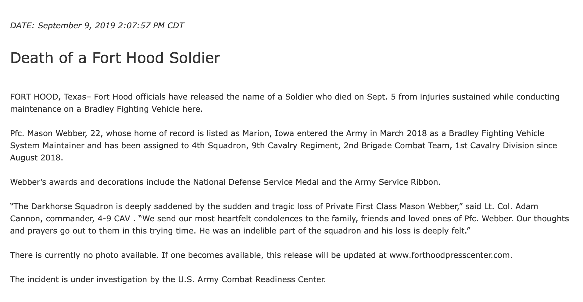 Mason Webber Fort Hood